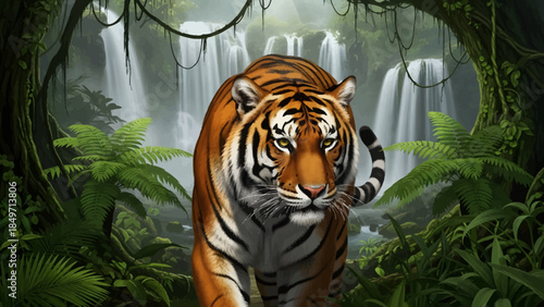A majestic tiger walks through a lush green jungle with multiple waterfalls in the background.