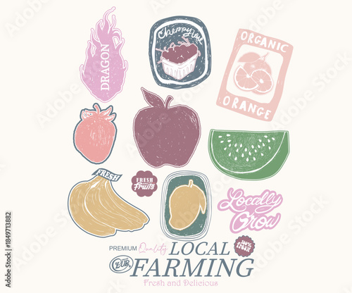 Fruit artwork for for t shirt and poster. Fresh Strawberry, pineapple, pomegranate fruit, passion fruit, apple, peach, pear and orange set.