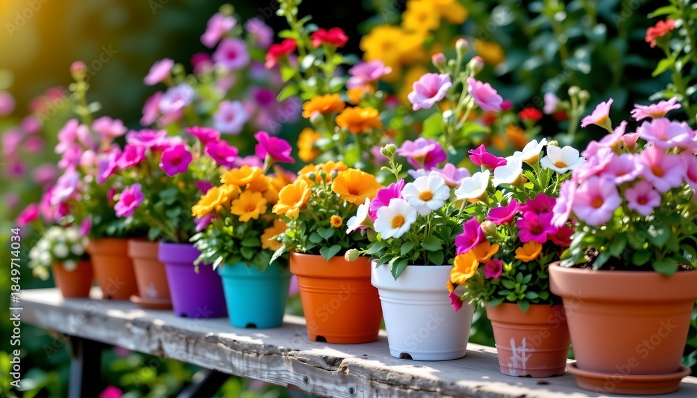 Fototapeta premium Colorful Flower Pots Rustic Garden Bench