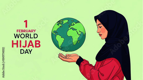 Vibrant illustration celebrating global inclusivity and cultural diversity, featuring a Muslim woman holding the Earth, symbolizing unity, respect