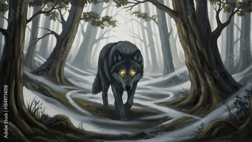 A black wolf with glowing yellow eyes walks through a snowy, mystical forest.