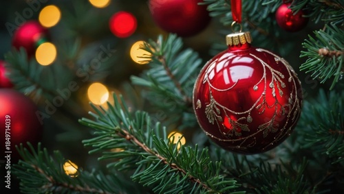 Christmas tree decorations. Red bauble on a Christmas tree close-up. Christmas lights