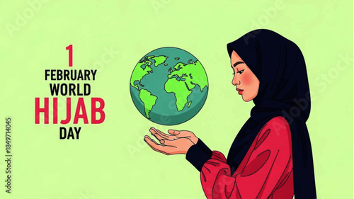 World Hijab Day illustration on February 1st, celebrating diversity and freedom of choice with a woman holding the globe