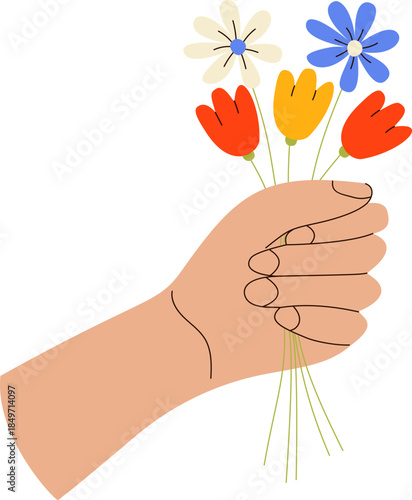 Images of hands holding wildflowers, people receiving and giving bouquets, flat illustrations for florist, romantic gift, and holiday design elements. Perfect for International Women's Day, Mother's