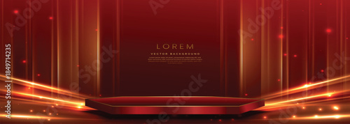 Red and gold podium on red background with gold lighting effect.
