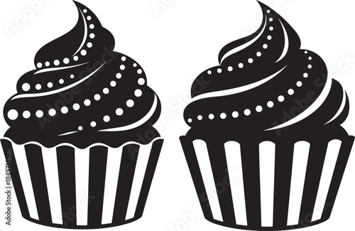 Two cupcakes silhouette with sprinkles vector icon set