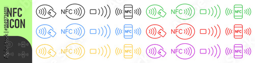 NFC wireless payment technology icons. Contactless NFC payment. NFC payment with smartphone. Contact less. NFC payment with mobile phone. Credit card. Contactless wireless pay, tap pay wave sign 