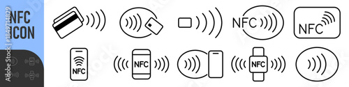 NFC wireless payment technology icons. Contactless NFC payment. NFC payment with smartphone. Contact less. NFC payment with mobile phone. Credit card. Contactless wireless pay, tap pay wave sign 