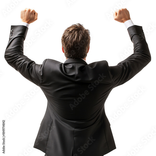 Successful businessman raising fists in victory back view, isolated on transparent background png