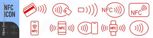 NFC wireless payment technology icons. Contactless NFC payment. NFC payment with smartphone. Contact less. NFC payment with mobile phone. Credit card. Contactless wireless pay, tap pay wave sign 