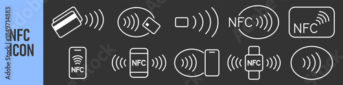 NFC wireless payment technology icons. Contactless NFC payment. NFC payment with smartphone. Contact less. NFC payment with mobile phone. Credit card. Contactless wireless pay, tap pay wave sign 