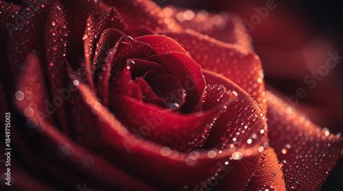 A macro close-up of a beautiful red rose in bloom featuring delicate petals covered in romantic dew drops and crystal clear water for a nature-inspired Valentine gift
