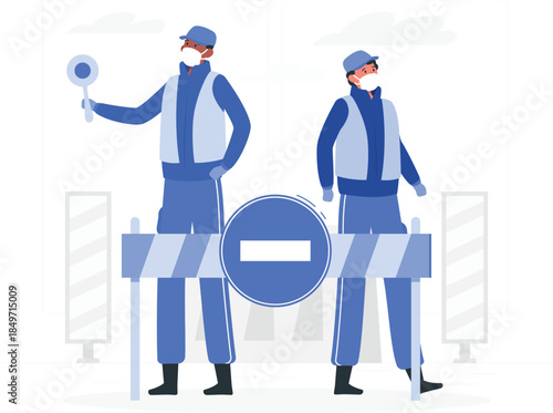 Two workers in face masks standing behind a barrier roadblock construction desi