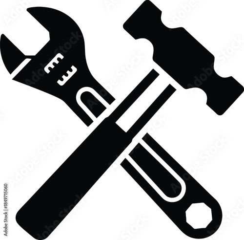Crossed Hammer and Wrench Icon Representing Construction, Repair, and Manual Labor