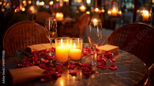 A festive Christmas celebration features glowing candles in glass holders and elegant champagne flutes on a gold decorated table for a romantic New Year Eve holiday party
