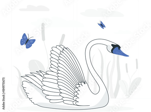 White swan with blue beak and black markings near blue butterflies and gray plants de