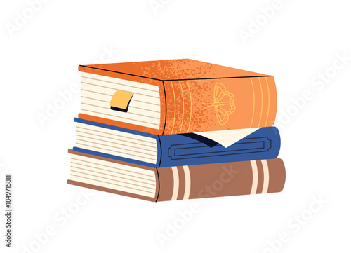 Thick paper books with decor on cover. Pile of fiction literature for reading. Heap of textbooks for learning. Novels, stories are lying in stack. Flat isolated vector illustration on white background