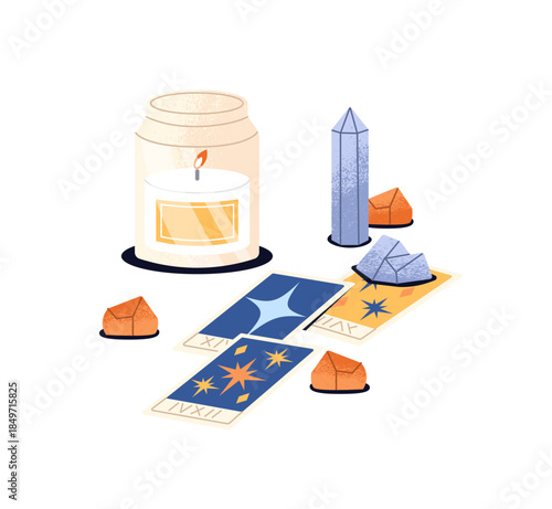Fortune telling by magic crystals, tarot cards and candles. Astrology and witchcraft. Esoteric tools for divinations, predictions, future reading. Flat isolated vector illustration on white background