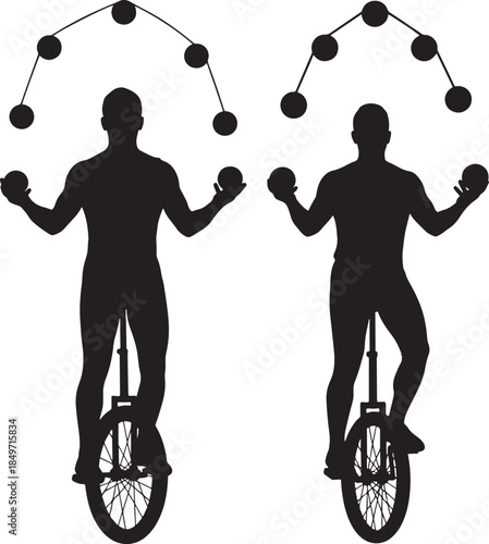Silhouette of two men juggling while riding unicycles