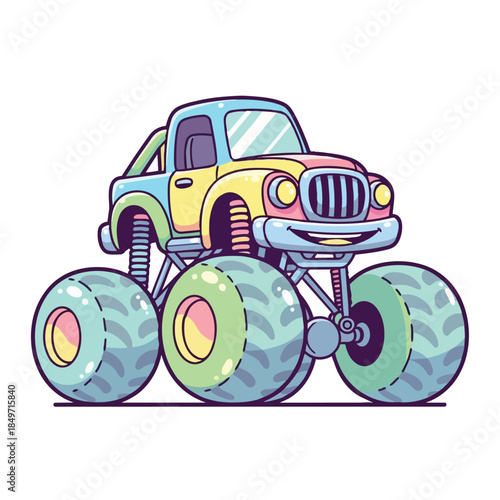 A colorful monster truck vector illustration with large tires and a cartoonish design on a white background, showcasing a vibrant and playful vehicle.