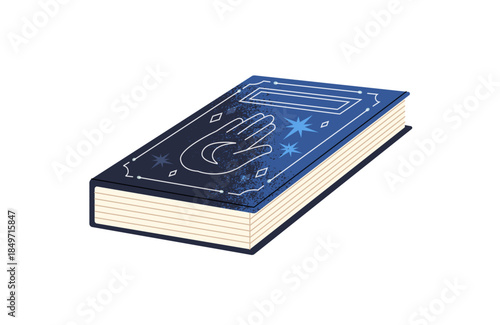 Magic book for occult seances, fortune telling and tarot cards. Witchcraft diary of future teller with astrology, divinations, predictions. Flat isolated vector illustration on white background
