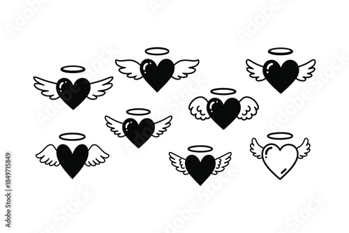 Cute angel heart vector set with wings and halos