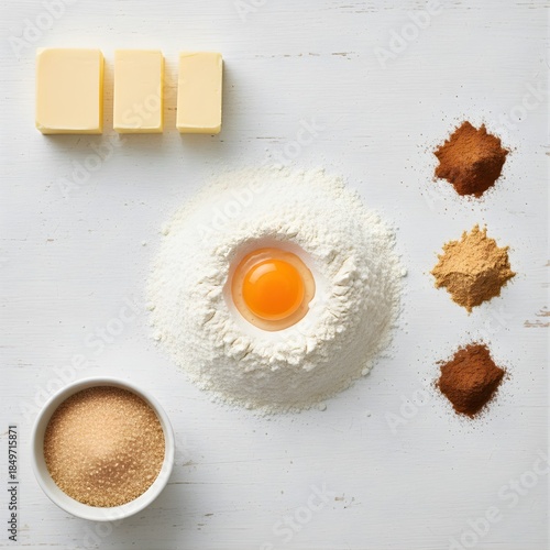 Overhead View of Baking Ingredients with Flour Well and Egg Yolk 