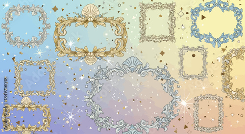 Ornate Baroque Rococo Vector Frames with Gilded Scrolls and Seashells, on Sparkling Pastel Gradient Background - Elegant Digital Design Collection