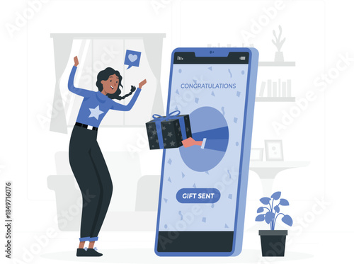 Woman celebrating gift sent on smartphone screen celebration desig