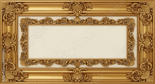 Ornate golden frame with intricate baroque rococo carvings and blank elegant center, ideal for luxurious vintage design projects, invitations, and classic artistic displays