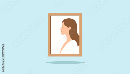 Illustration of a woman's profile in a wooden frame, symbolizing beauty and introspection.