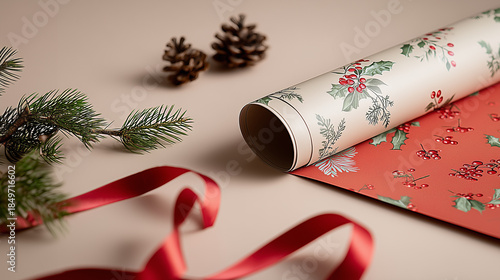Christmas Wrapping Paper Roll with Floral Pattern Ribbon and Winter Decor on Beige Surface