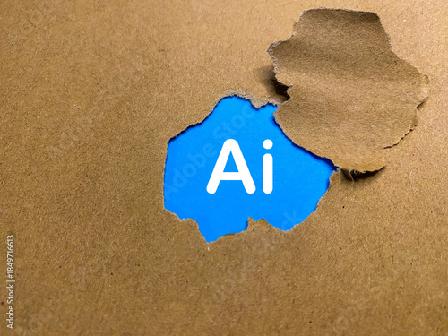 Conceptual image featuring Ai revealed through a hole in brown paper against a bright blue background. Ideal for artificial intelligence, technology, and innovation themes.