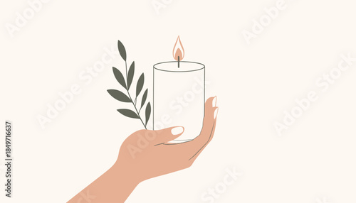 Hand holding a lit candle with a decorative leaf, symbolizing peace, relaxation, and mindfulness.