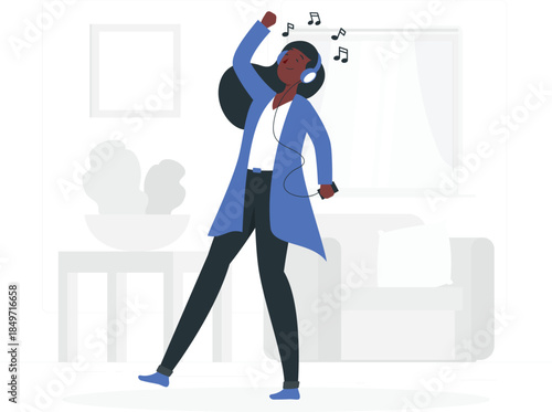 Woman dancing with headphones and music notes blue jacket