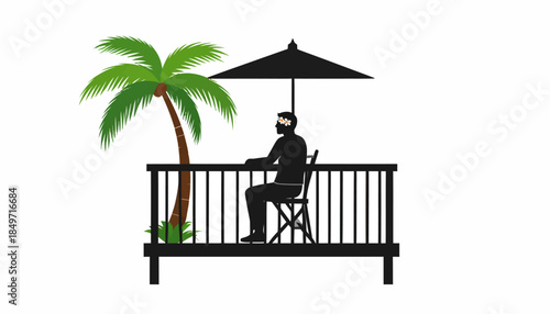 Man sitting on a tropical balcony under an umbrella with a palm tree.