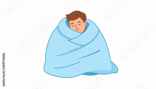 Cozy young man sleeping peacefully wrapped in a soft blue blanket, feeling warm and comfortable.