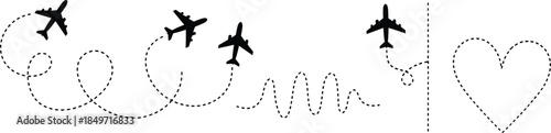 Airplane Silhouette Artwork. Whimsical Flight Paths, Spirals, Curves, Waves, Heart Shape, Romantic Travel Journey, Aviation Motion, Black Vector Graphic Design