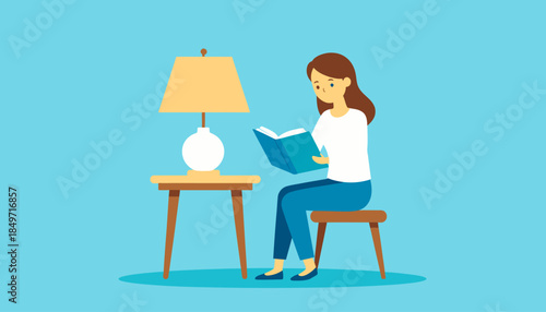 Young woman sitting and reading a book next to a table lamp, enjoying quiet time at home.