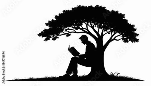 Silhouette of a man reading a book under a large tree, symbolizing knowledge and relaxation.