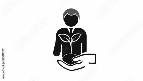 Iconic representation of a person holding a plant, symbolizing growth, investment, and environmental care.