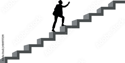 Vector illustration. Businessman silhouette climbing upward career stairs. Symbolizing career growth, success, ambition, progress. Presentations, corporate websites, marketing, infographics, editorial