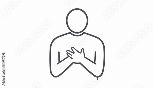 Outline illustration of a person holding their hands over their heart, symbolizing gratitude, love, or care.