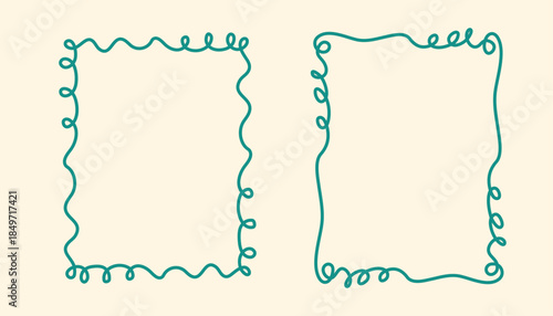 Rectangular doodle frame stamp, hand-drawn wavy curly engagement monograms. Edgings and cadres with simple sketchy scribble swirl design photo decoration old-fashioned greeting elements. Isolated. 