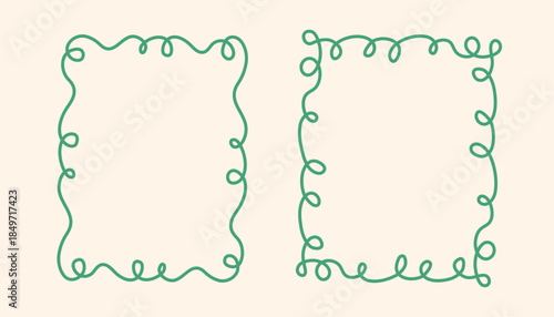 Rectangular doodle frame stamp, hand-drawn wavy curly engagement monograms. Edgings and cadres with simple sketchy scribble swirl design photo decoration old-fashioned greeting elements. Isolated. 