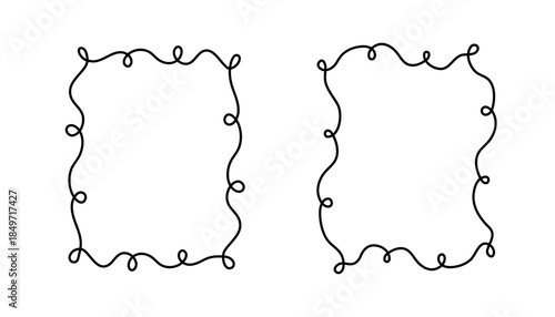 Rectangular doodle frame stamp, hand-drawn wavy curly engagement monograms. Edgings and cadres with simple sketchy scribble swirl design photo decoration old-fashioned greeting elements. Isolated. 