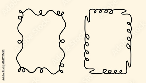 Rectangular doodle frame stamp, hand-drawn wavy curly engagement monograms. Edgings and cadres with simple sketchy scribble swirl design photo decoration old-fashioned greeting elements. Isolated. 