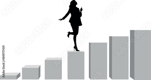 Vector illustration. Businesswoman silhouette climbing upward career stairs. Symbolizing career growth, success, ambition, progress. Presentation, corporate website, marketing, infographics, editorial
