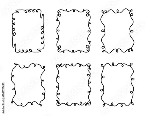 Rectangular doodle frame stamp, hand-drawn wavy curly engagement monograms. Edgings and cadres with simple sketchy scribble swirl design photo decoration old-fashioned greeting elements. Isolated. 