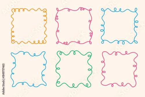 Square doodle frame stamp, hand-drawn wavy curly engagement monograms. Edgings and cadres with simple sketchy scribble swirl design photo decoration old-fashioned greeting elements. Isolated. Vector